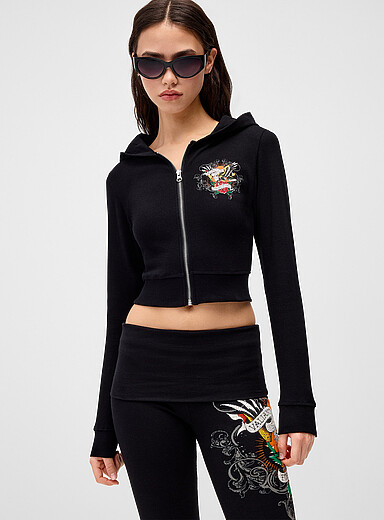 Ed Hardy: La veste zipp&eacute;e &agrave; capuche ajust&eacute;e imprim&eacute; strass Noir pour femme