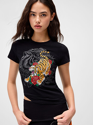 Ed Hardy: Le t-shirt ajust&eacute; imprim&eacute; strass Noir pour femme