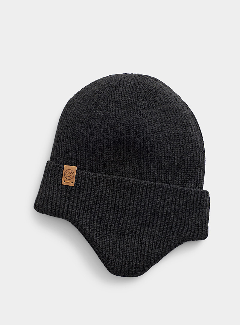 Chaos Black Solid ear flap tuque for men