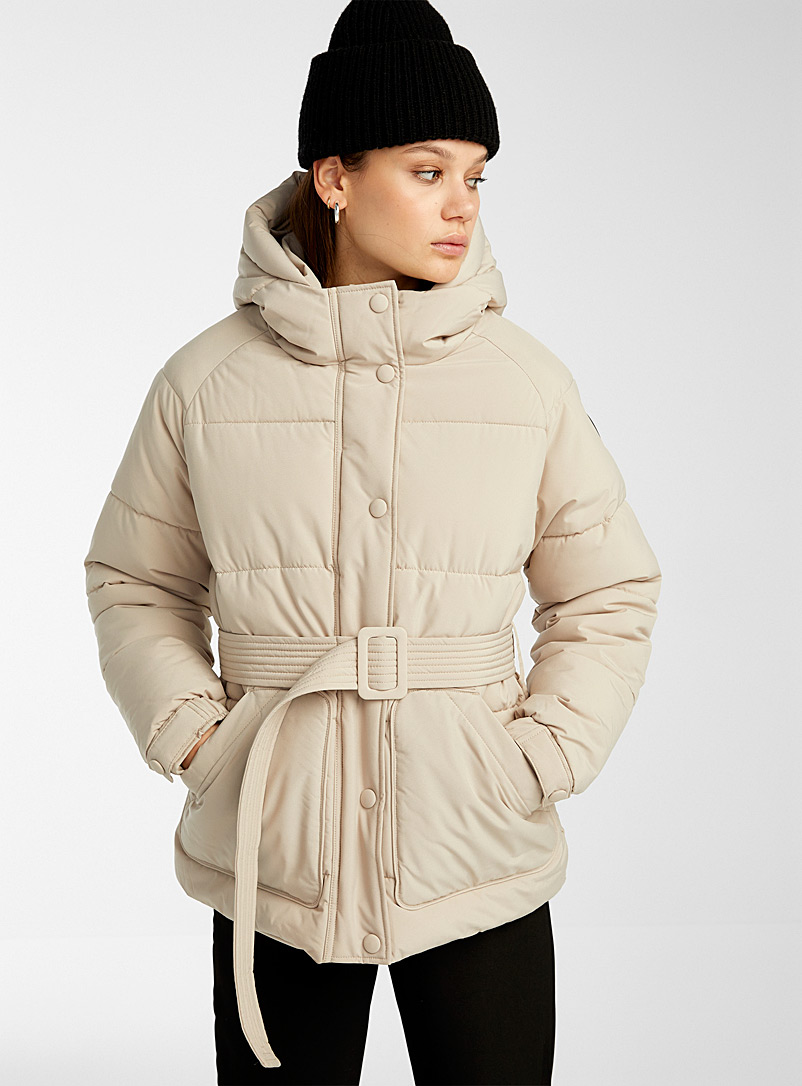 Noize Ivory White Bonita belted puffer jacket for women