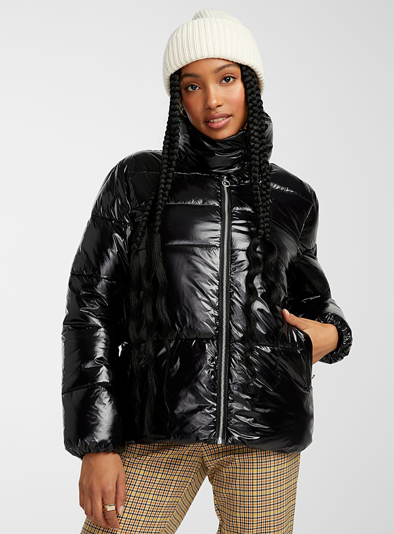 Noize Black Goldie shiny cropped puffer jacket for women
