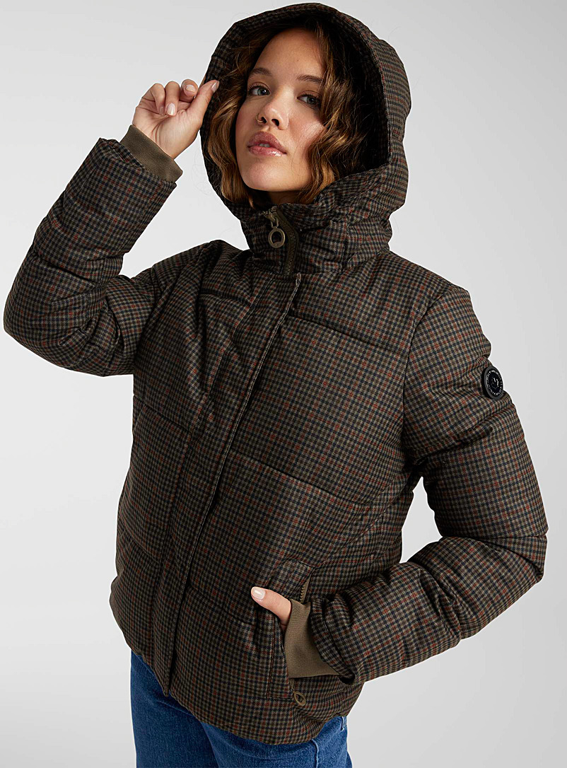 Noize Patterned Brown Keva check cropped puffer jacket for women
