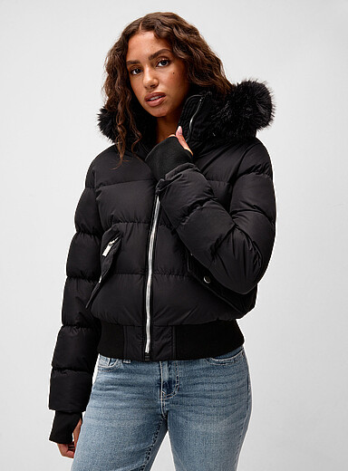 Twik Black Faux-fur accent cropped puffer coat for women