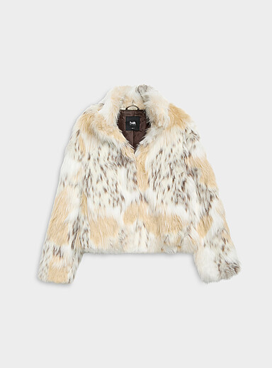 Twik Ivory/Cream Beige Marbled faux-fur cropped jacket for women