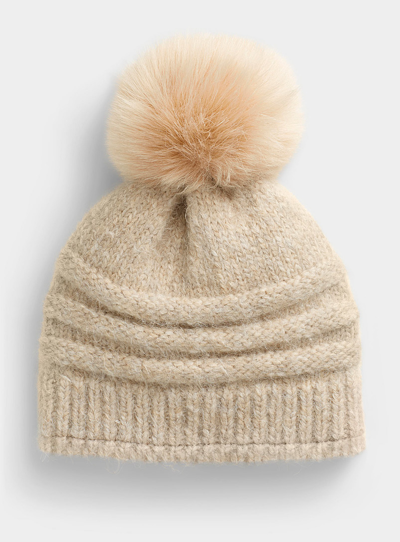 Kyikyi Cream Beige Ribbed groove XL pompom tuque for women