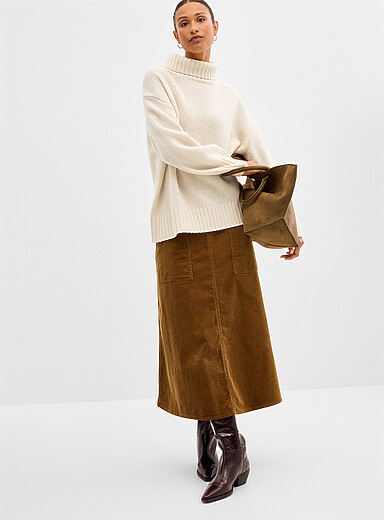 Contemporaine Mossy Green Fine corduroy midi skirt for women