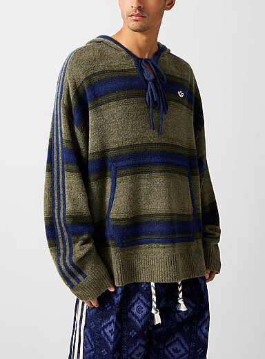 Adidas x CLOT: Le kangourou tricot ray&eacute; col nou&eacute; Baja Vert &agrave; motifs pour homme