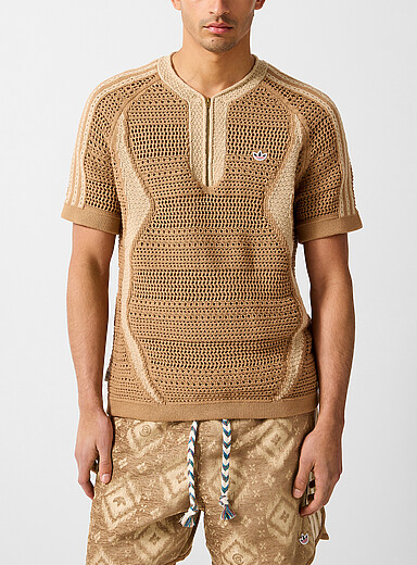 Zippered collar openwork knit soccer jersey