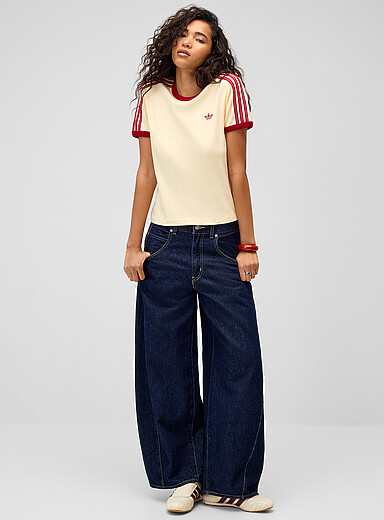 Adidas Originals Ivory/Cream Beige Contrasting trim pinstriped fitted T-shirt for women