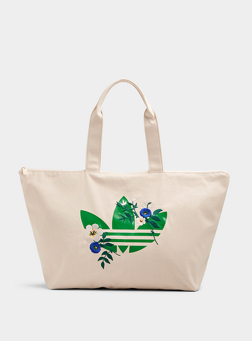 Adidas Originals Patterned Grey Embroidered flower and signature clover tote for women