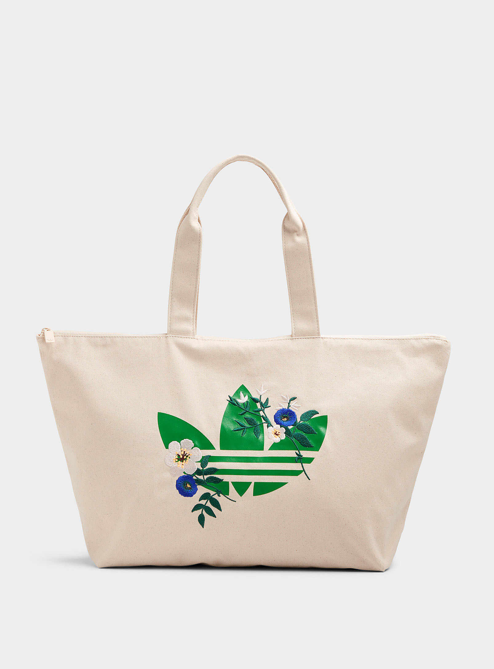 Adidas Originals Embroidered Flower And Signature Clover Tote In Patterned Grey