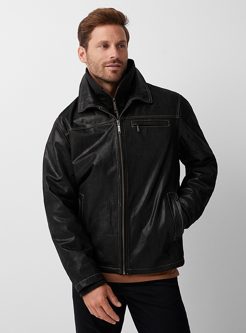 Le 31 Black Contrast topstitching leather jacket for men