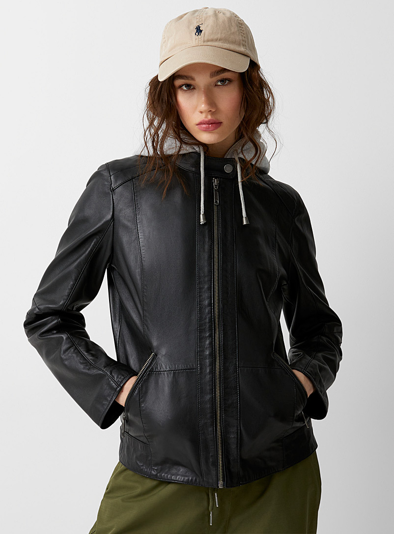 Twik Black Hooded leather jacket for women