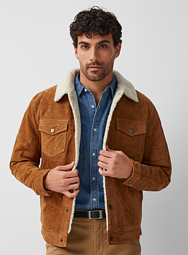 Le 31 Fawn Sherpa-lined suede jacket for men