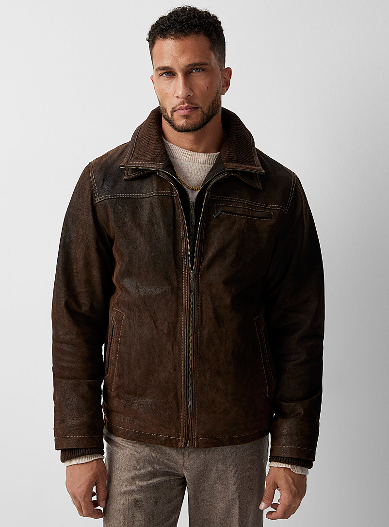 Le 31 Dark Brown Removable bib suede jacket for men