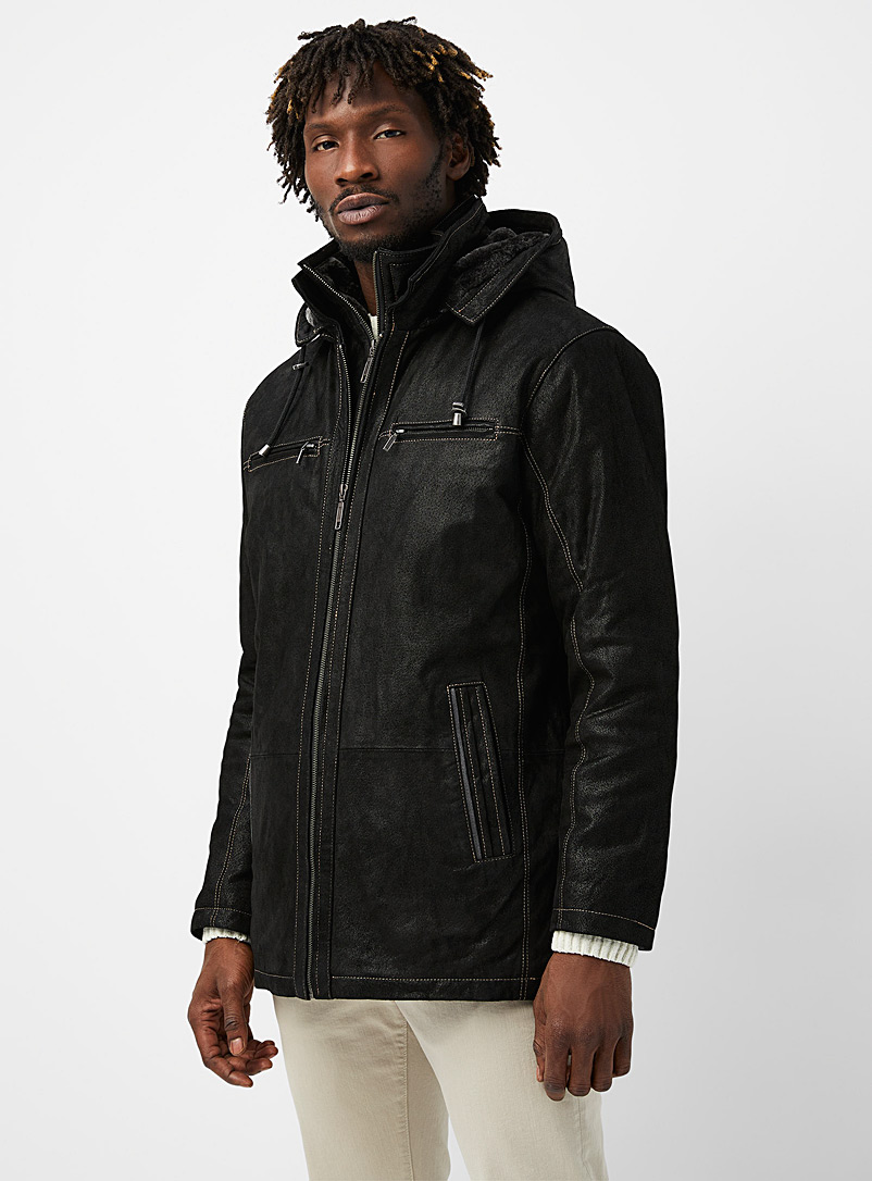 Le 31 Black Faux-fur-lined leather jacket for men