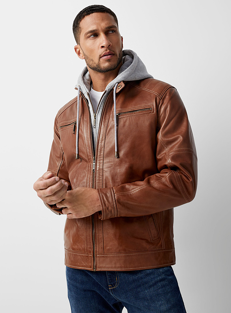 Le 31 Light Brown Removable-hood leather biker jacket for men
