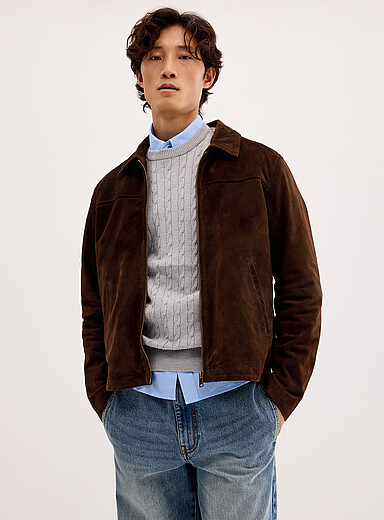Plong&eacute; Brown Point collar genuine suede jacket for men