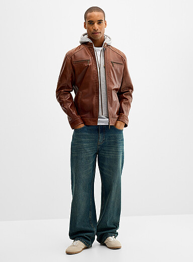 Plong&eacute; Light Brown Removable-hood leather jacket for men