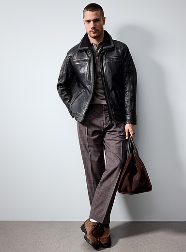 Plong&eacute; Chocolate/Espresso Double-collar bib leather jacket for men