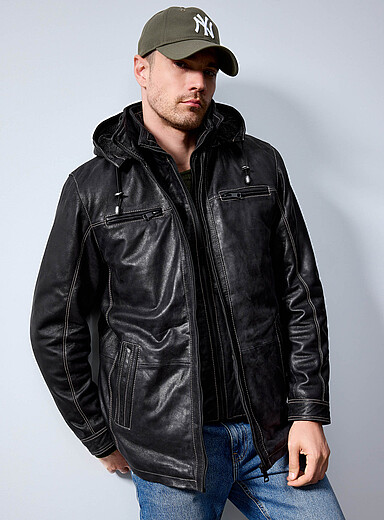 Plong&eacute;: La veste de cuir doublure peluche Noir pour homme