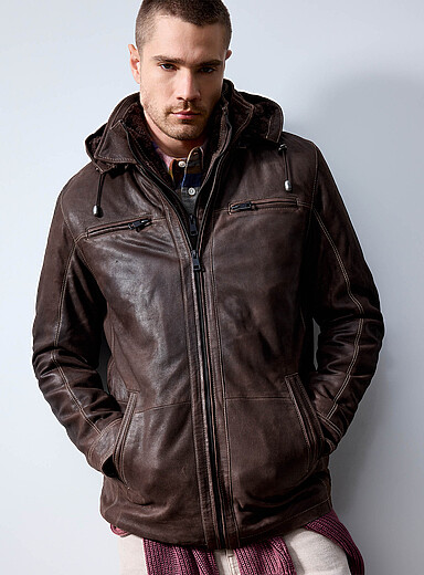 Plong&eacute; Brown Plush-lined leather jacket for men