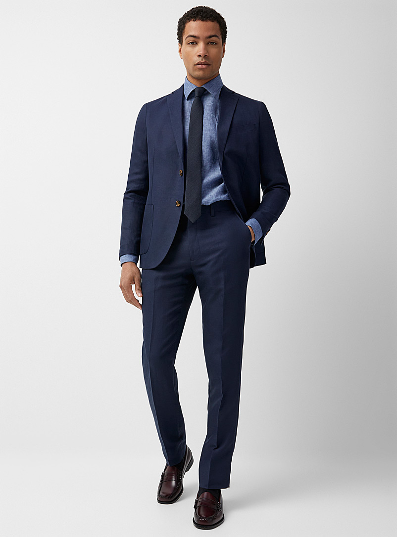 Bosco: Le pantalon uni mélange de lin Coupe semi-ajustée Bleu pour homme