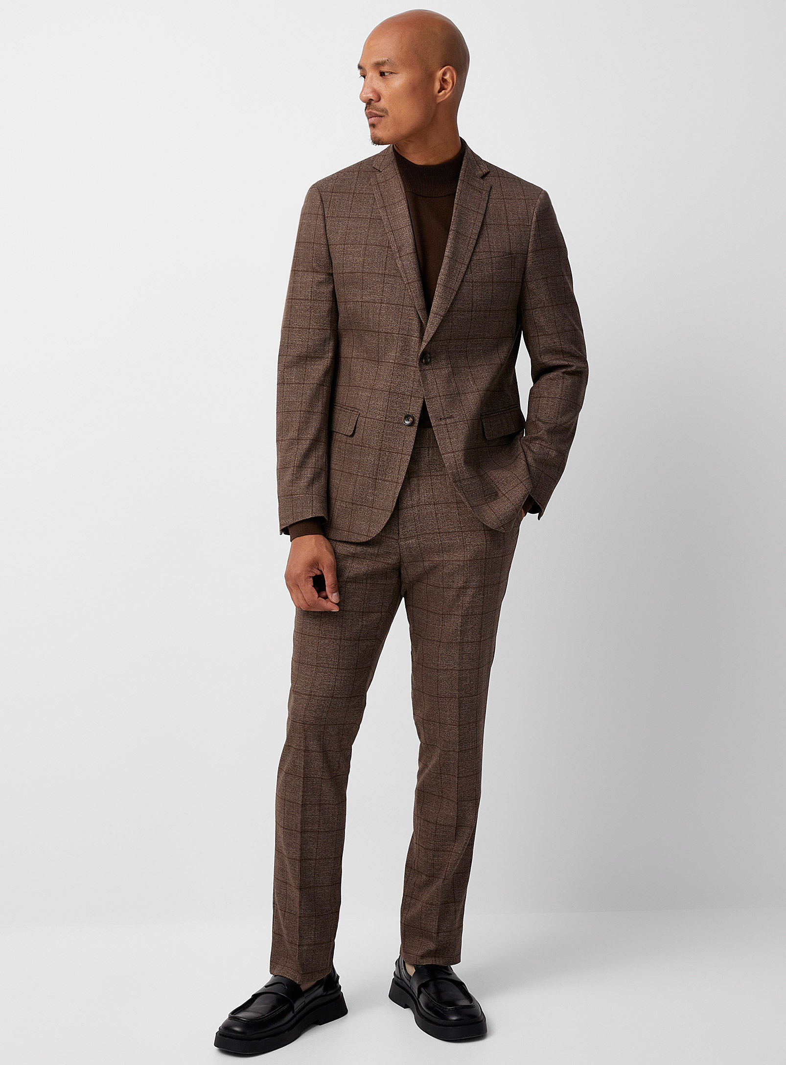 Bosco - Men's Coffee-coloured windowpane check suit Semi-slim fit