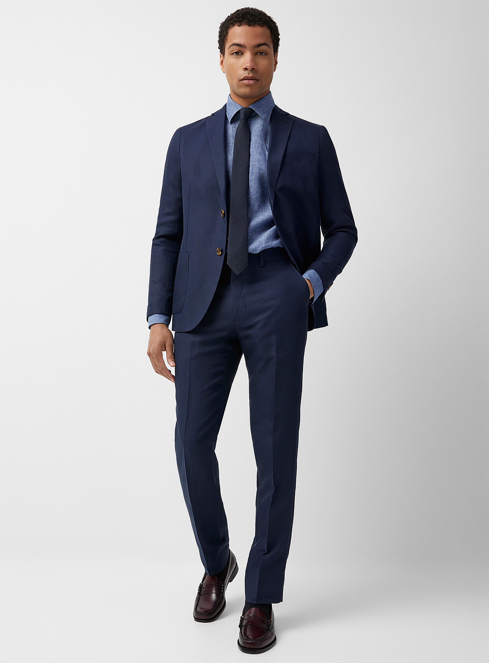 Bosco Linen-blend Solid Pant Semi-slim Fit In Blue