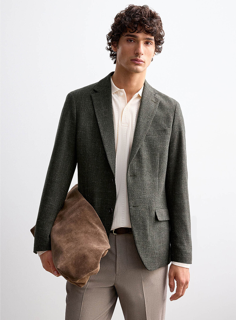 Tweed-Style Khaki Blazer Semi-Slim Fit
