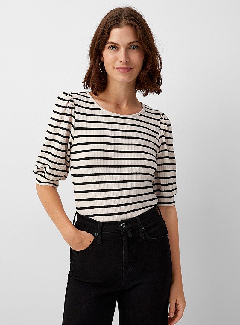 Contemporaine Cream Beige Striped puff-sleeve T-shirt for women