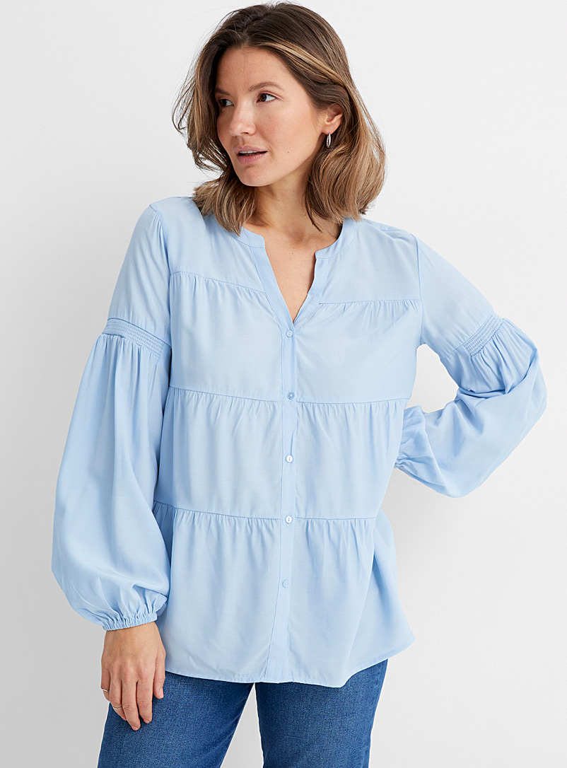 Contemporaine Patterned Blue Puff-sleeve tiered blouse for women