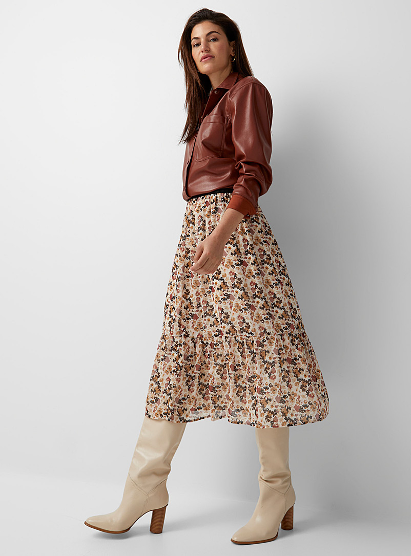 Contemporaine Patterned Ecru Wind-swept flowers chiffon skirt for women