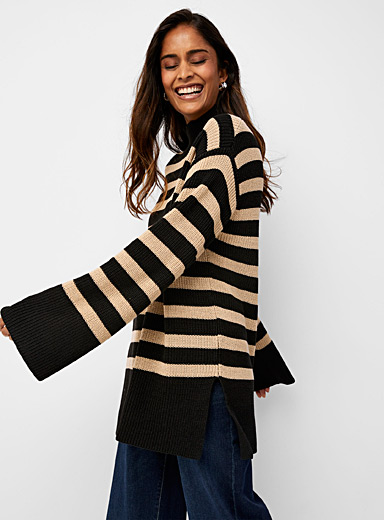 Contemporaine Patterned Black Mock-neck oversized striped sweater for women