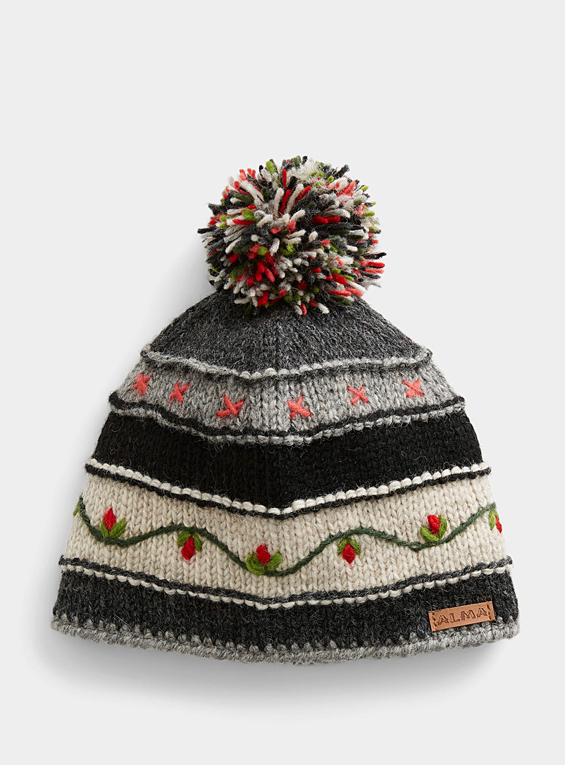 ALMA Patterned Black Floral embroidery striped tuque for women