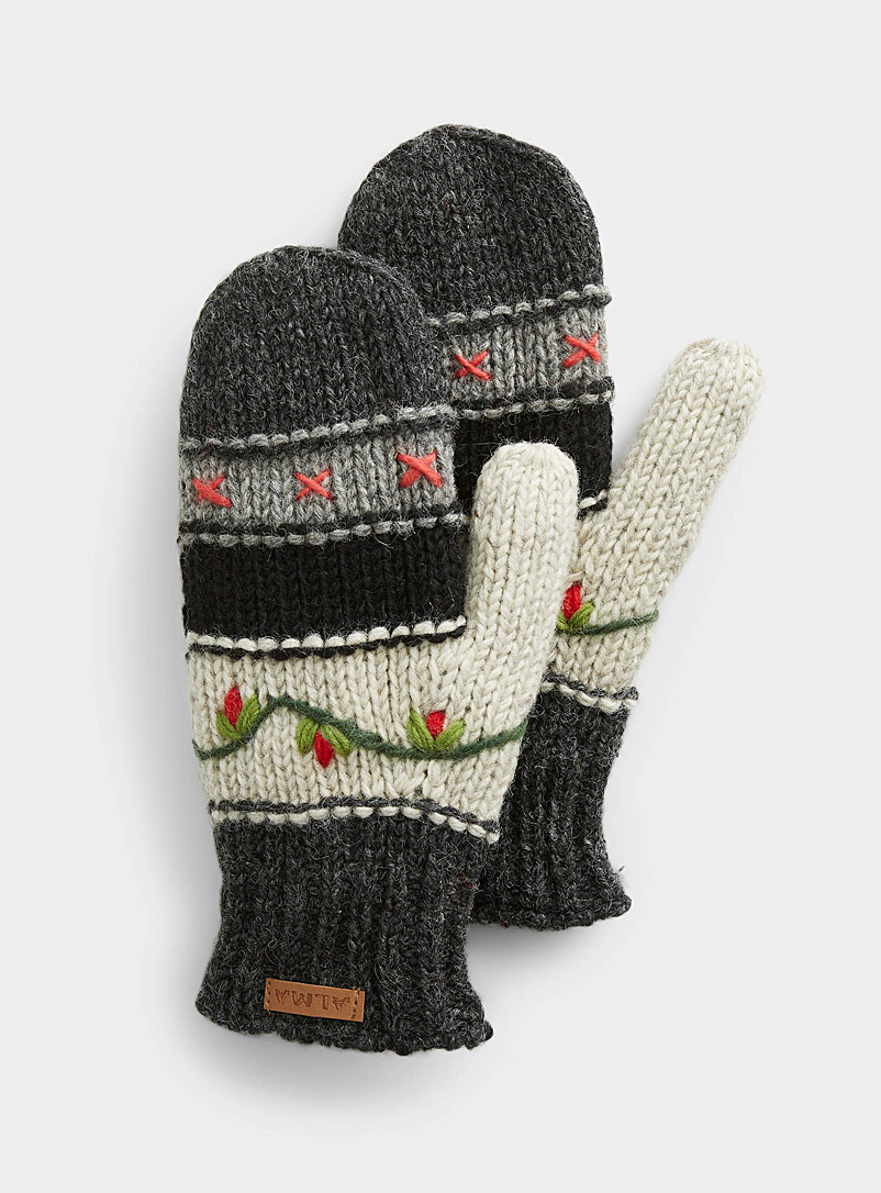 ALMA Patterned Black Floral embroidery striped mittens for women
