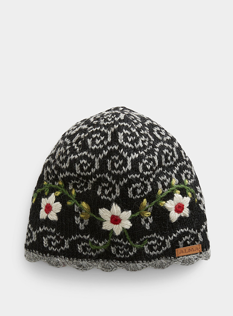 ALMA Black Floral embroidery tuque for women