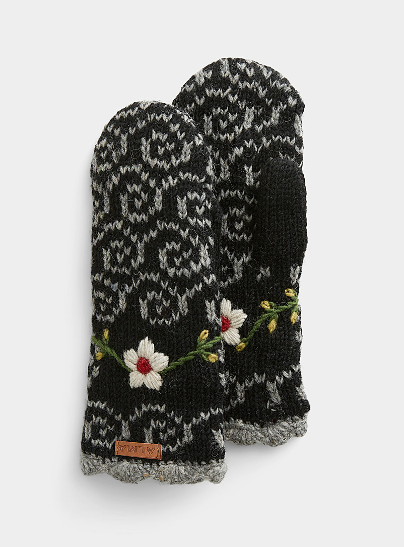 ALMA Black Floral embroidery mittens for women