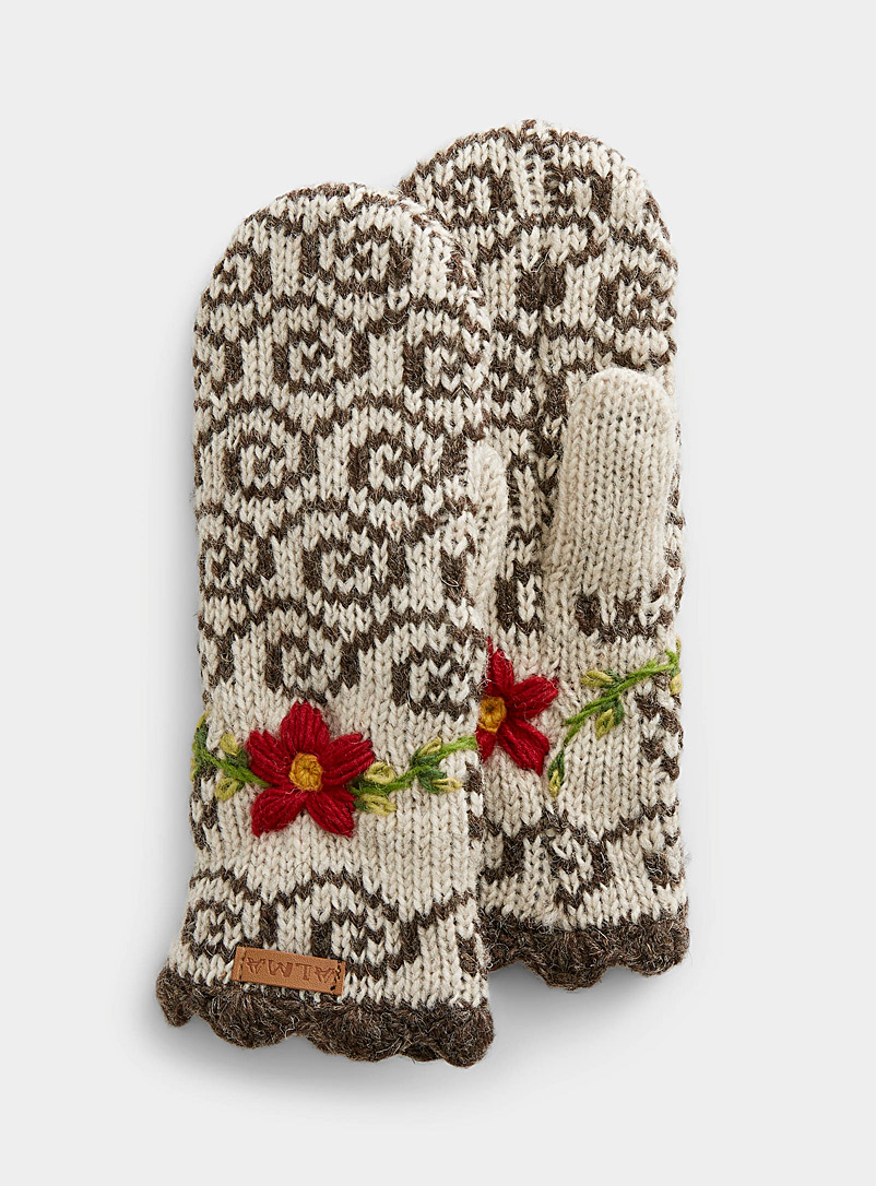 ALMA Cream Beige Floral embroidery mittens for women