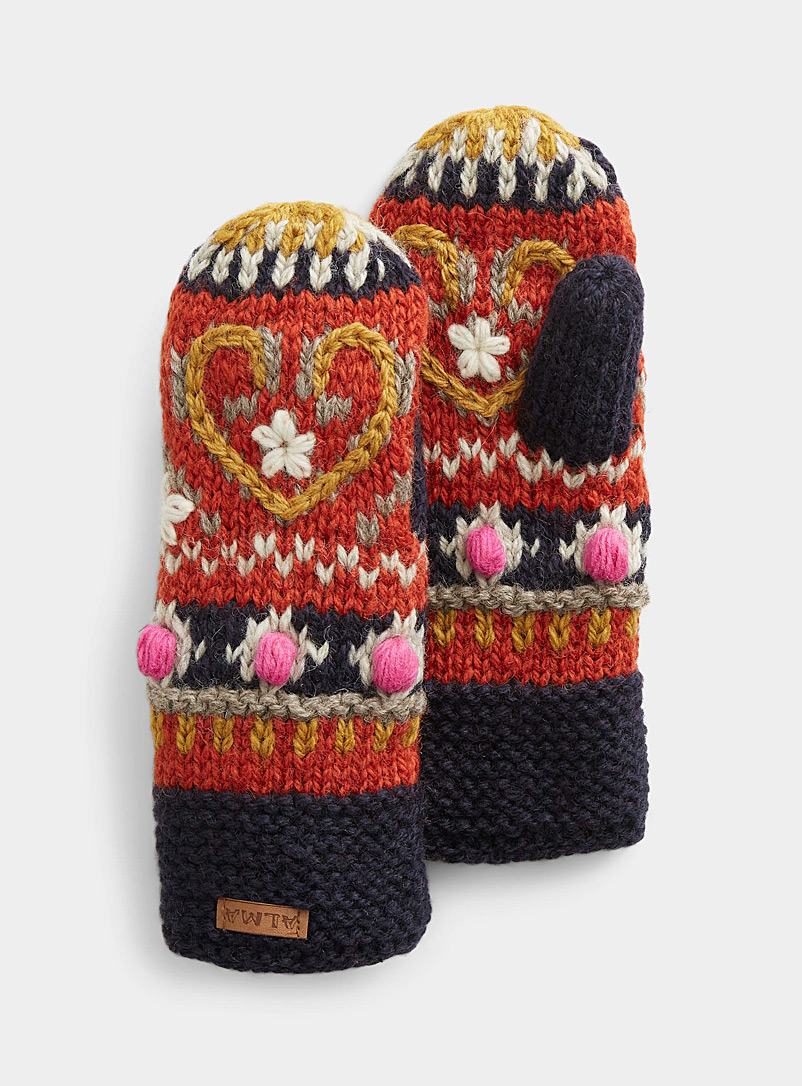 ALMA Patterned Orange Artisanal knit mittens for women