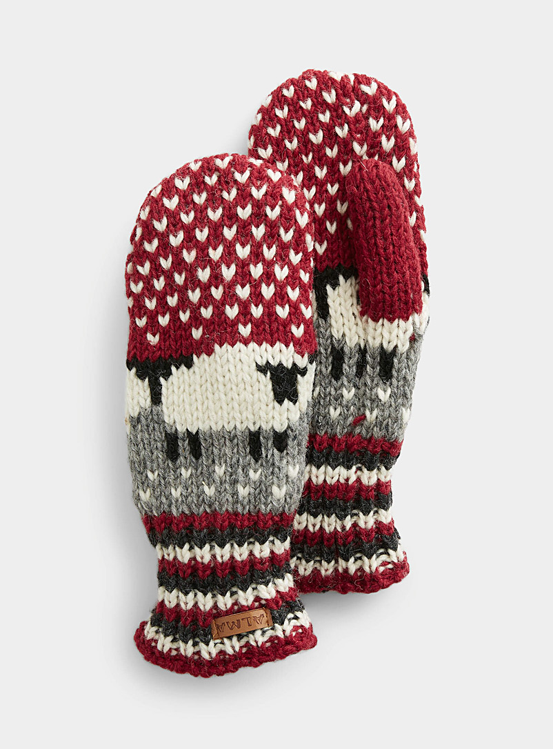 ALMA Patterned Red Herd of sheep artisanal mittens for women