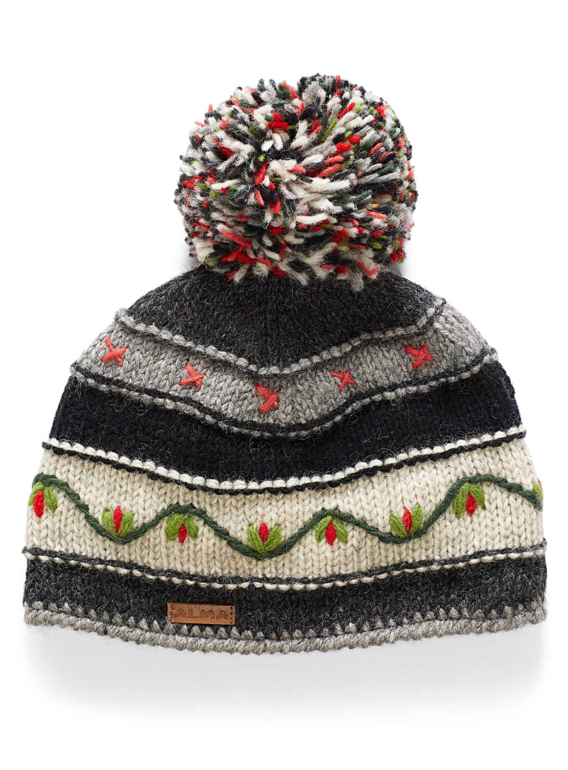 ALMA Patterned Black Embroidered vine pure wool tuque for women