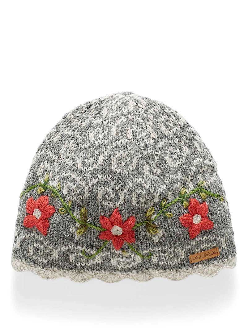 ALMA Silver Embroidered flower pure wool tuque for women