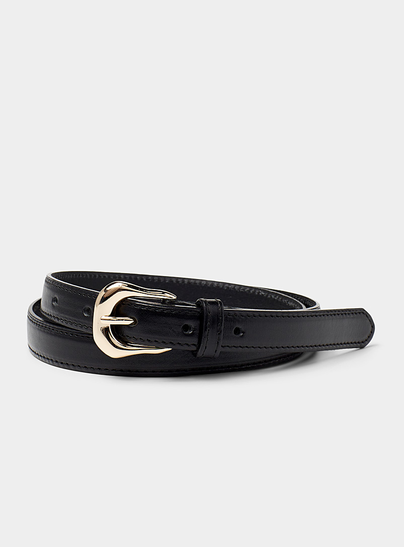 Simons Black Topstitched thin leather belt for women