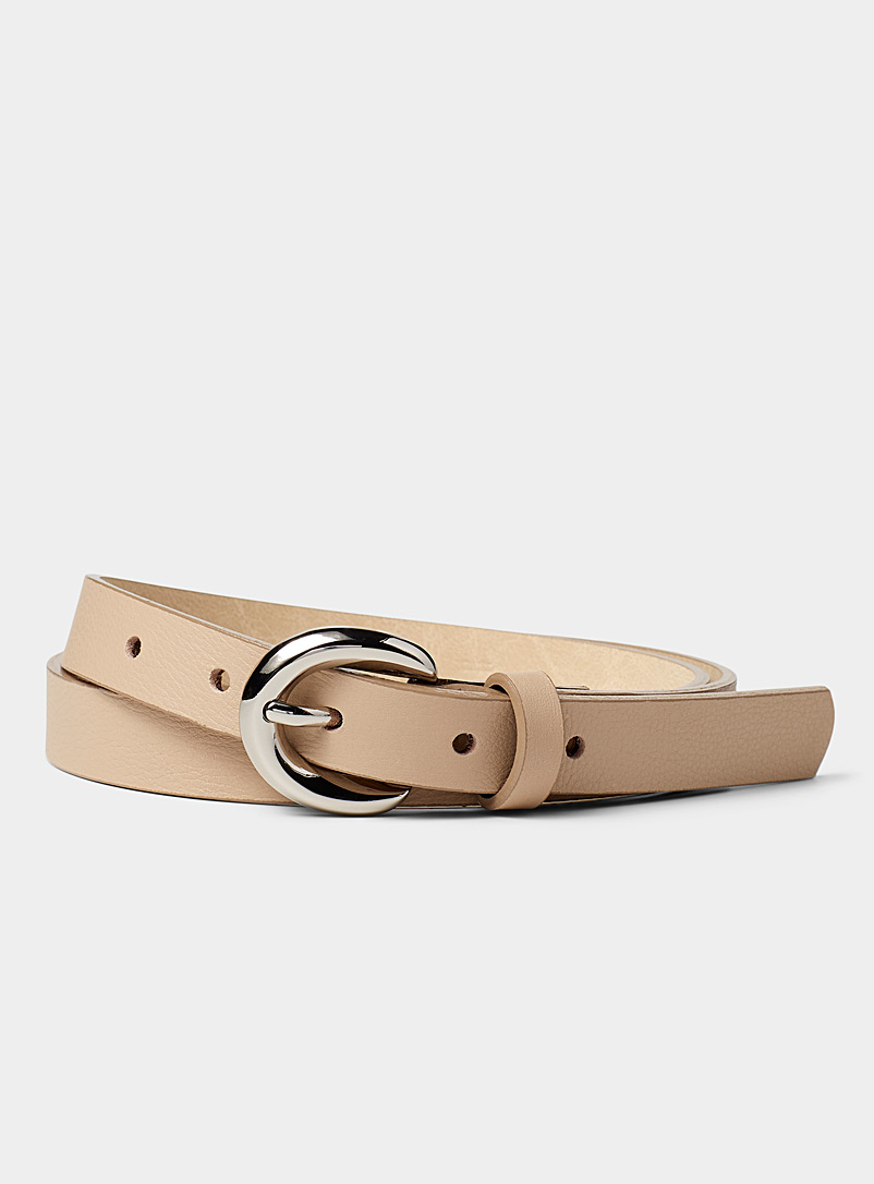 Simons Beige Chunky-buckle thin leather belt for women