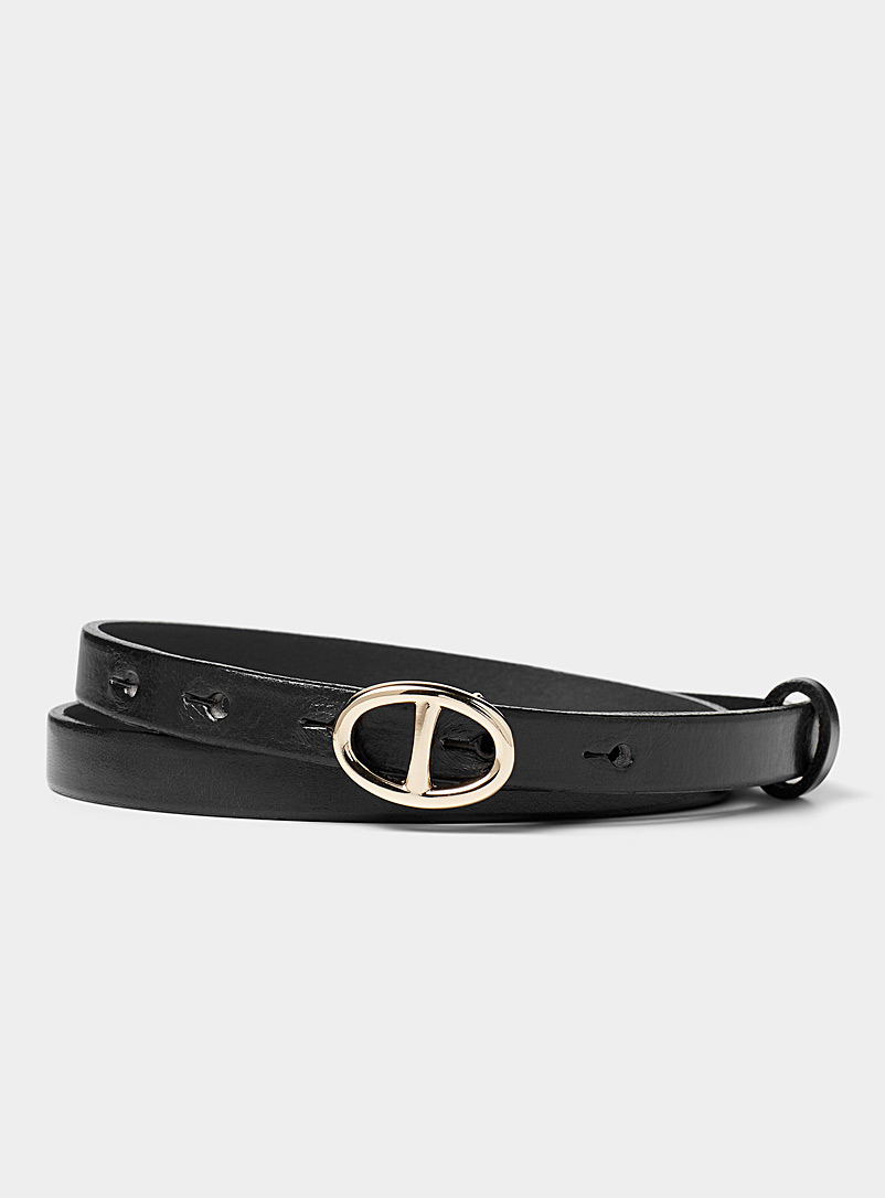 Simons Black Oval-buckle thin leather belt for women