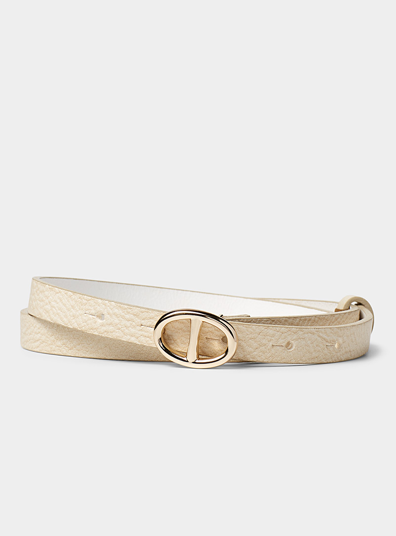 Simons Off White Oval-buckle thin leather belt for women