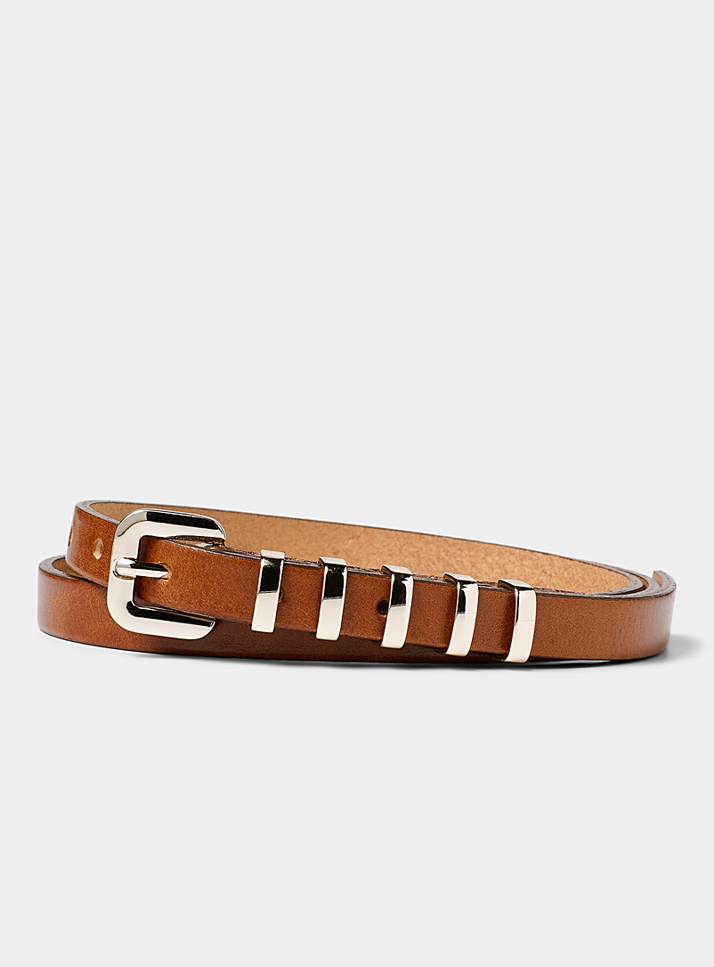 Simons Light Brown Metallic-loop thin leather belt for women