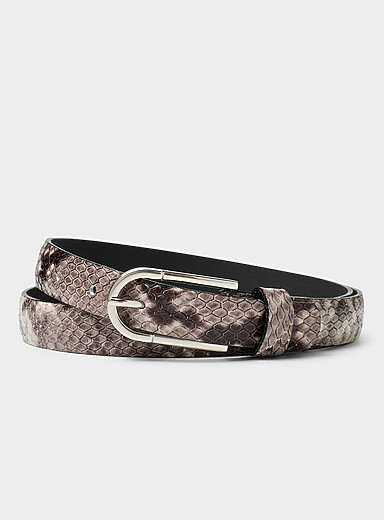 D-buckle glossy snakeskin leather thin belt