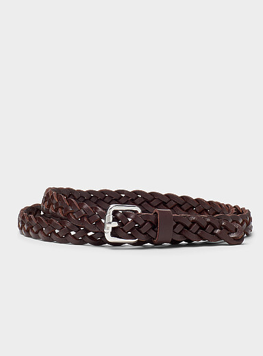Square-buckle braided leather thin belt